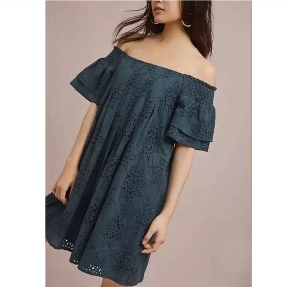 J.O.A. Dresses & Skirts - J.O.A. Green Teal Eyelet Off The Shoulder Mini Dress G-20